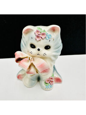 Josef Originals California Blue Fluff Kitten Cat 3.5” Ribbon & Flowers Figurine